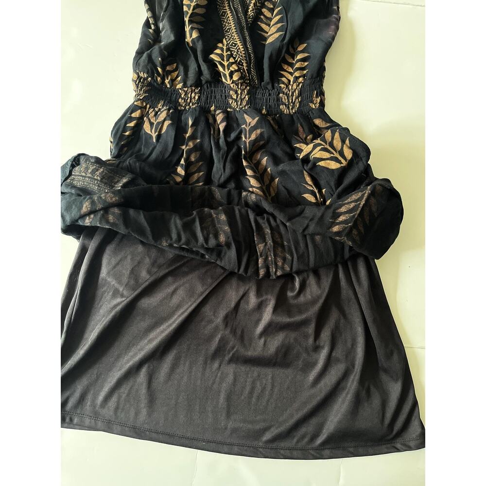 Lapogee Dress Womens M Black Gold Leaf Print Maxi Lined Boho India V Neck Resort - Picture 8 of 10